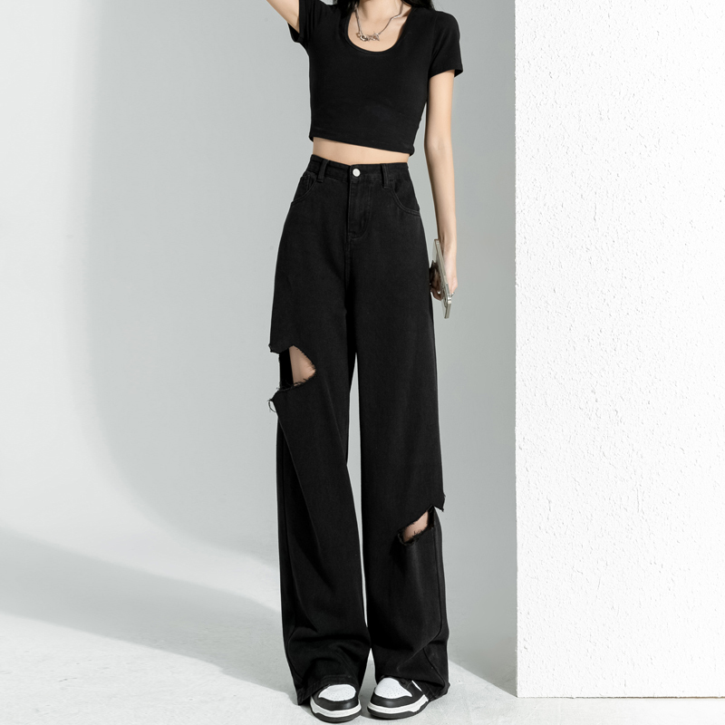 Ripped Denim Women's Black Summer American Retro Loose Straight-Leg Pants with Drape Effect, Petite Slimming Wide-Leg Long Trousers Ripped Denim Women's Black Summer American Retro Loose Straight-Leg Pants with Drape Effect, Petite Slimming Wide-Leg Long Trousers