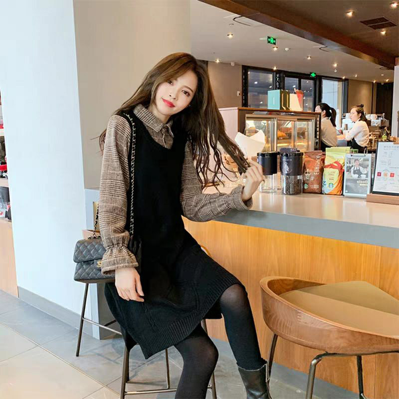 Light luxury socialite early autumn long-sleeved plaid fake two-piece dress autumn waist shows thin age temperament goddess fan