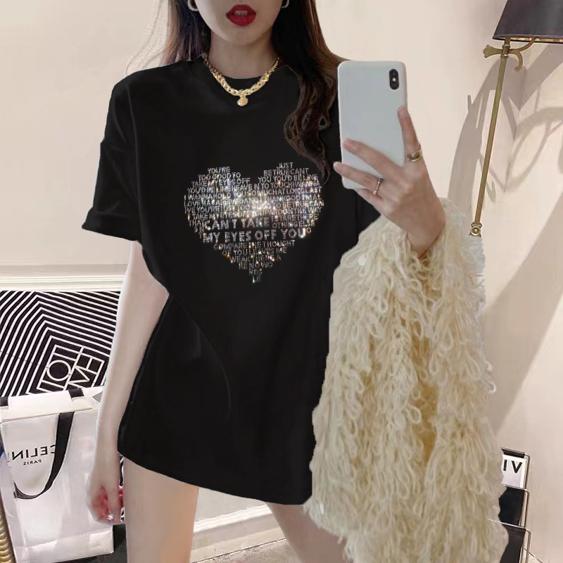 Oversized Black Loose-Fitting Fashionable and Stylish Heavy-Duty Heart Letter Rhinestone Mid-Length Short-Sleeve T-Shirt for Women, Pure Cotton