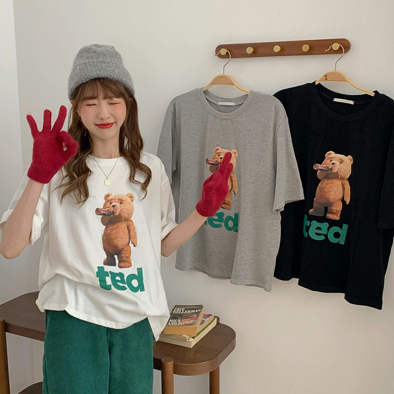 South Korea East Gate cute teddy bear letter print round neck loose short sleeve T-shirt