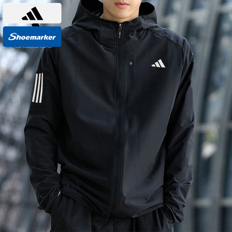 Adidas Running Jacket Men's 2025 New Sportswear Black Thin Hooded Woven Breathable Windproof Jacket
