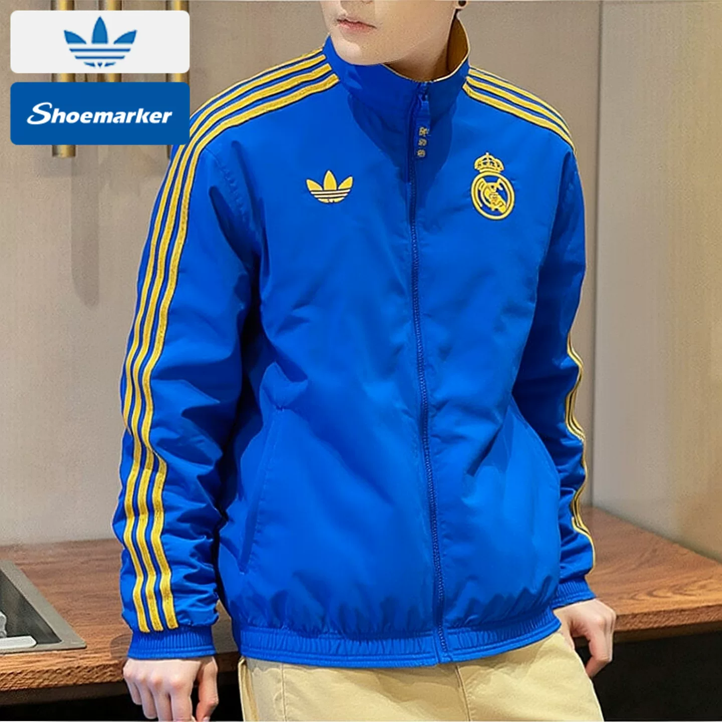 Adidas, синяя двусторонняя куртка на молнии, тренд сезона