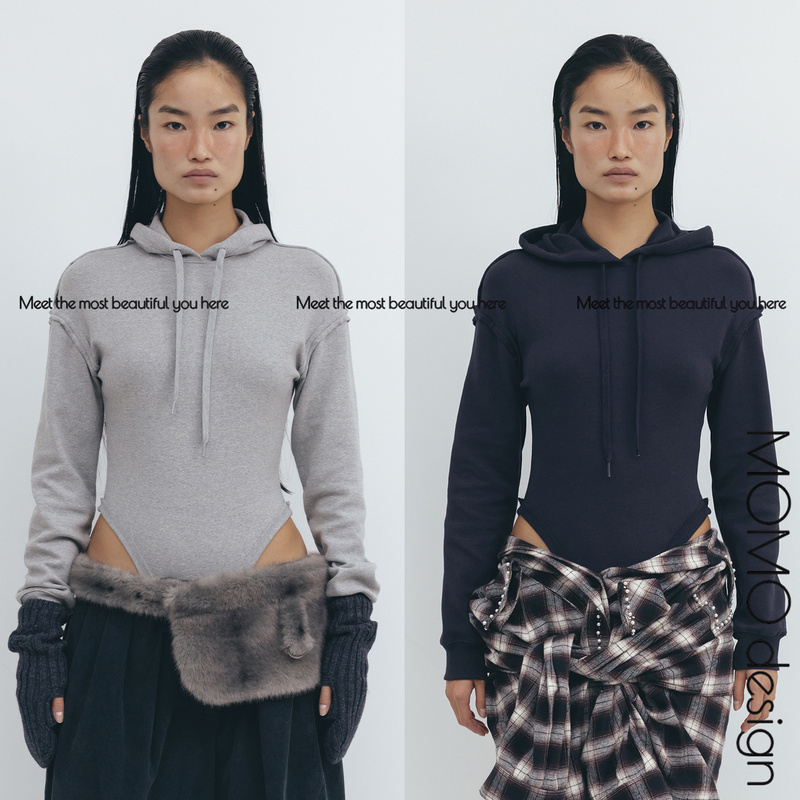 In Stock Open Yy Autumn/Winter New Solid Color Drawstring One-Piece Slim-Fit Hooded Sweatshirt Top