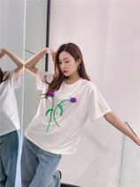 YANAG 21SS summer new designer brand three-dimensional tulip short-sleeved T-shirt womens top