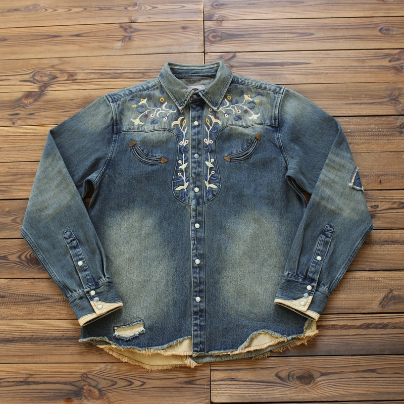 Reavattch Floral Embroidered Western Denim Long-Sleeved Shirt Jacket American Retro Distressed 2024 New Product