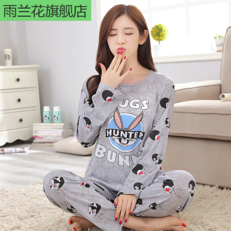 Bộ đồ ngủ dài tay của mẹ dành cho phụ nữ mùa xuân và mùa hè của phụ nữ cotton mỏng cộng với phân bón cộng với kích thước béo MM phục vụ phòng máy lạnh tại nhà - Cha mẹ và con