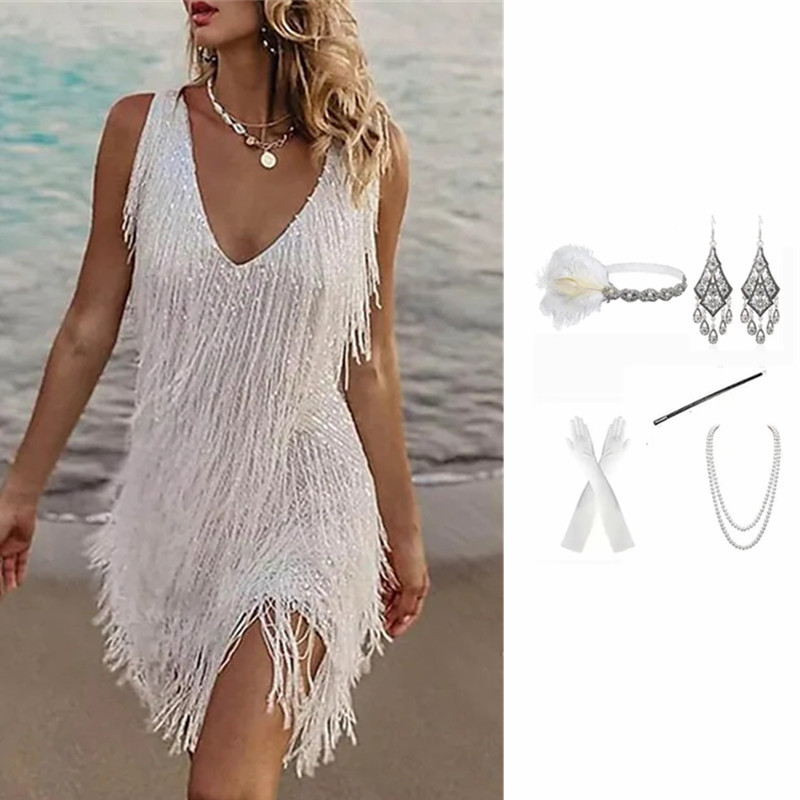 New 1920S Retro Gatsby Evening Dress Sexy V-Neck Tassel Prom Performance Dress