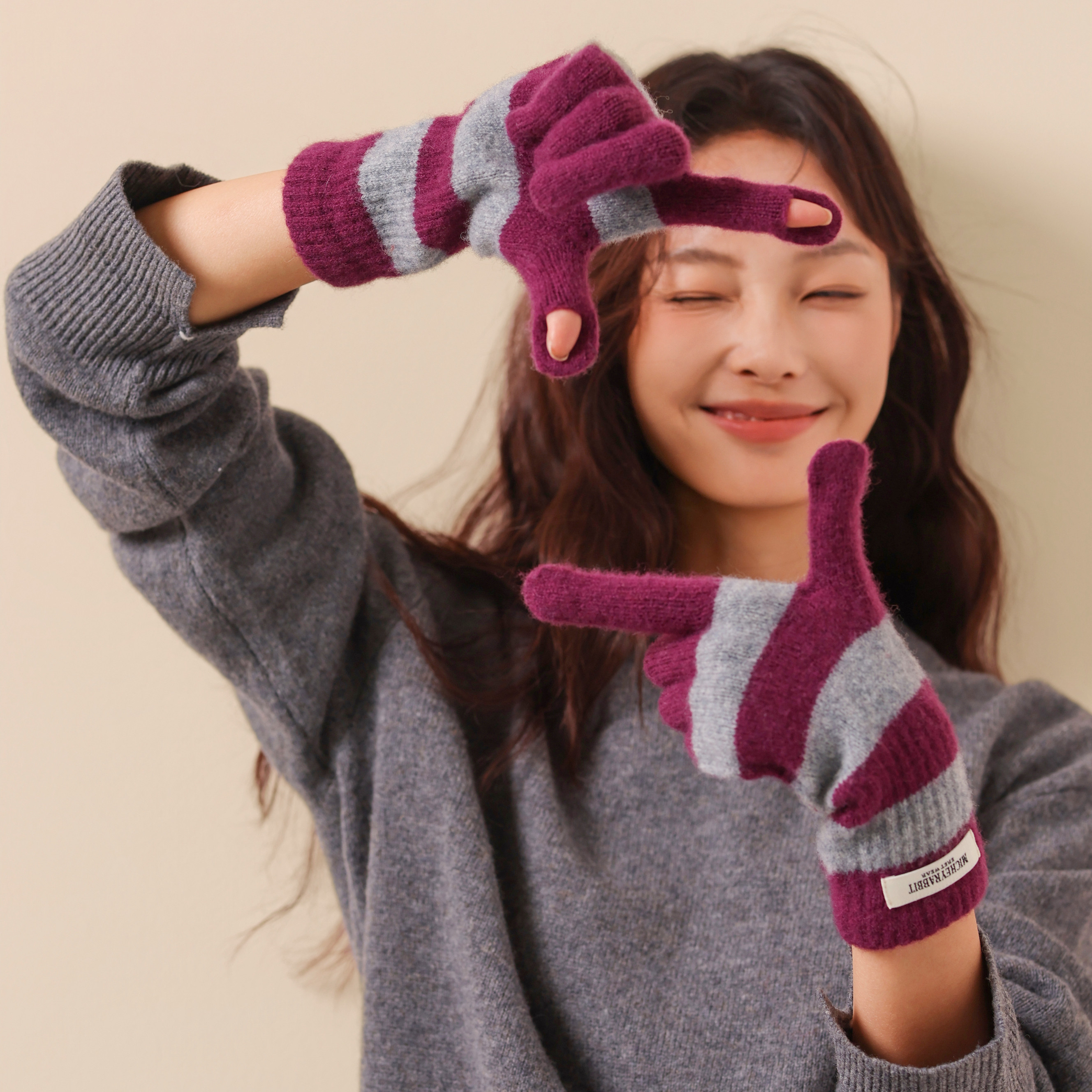 Striped Dopamine Gloves - Korean 100% Pure Wool Knitted Gloves, Warm and Versatile for Couples in Winter, Touchscreen Support, Finger Separation