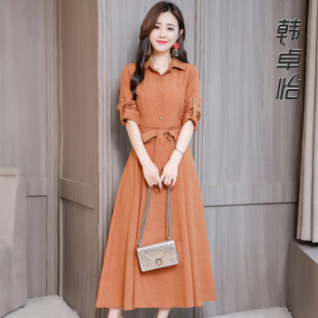 2023 autumn dress with waist strap long-sleeved shirt skirt temperament fashion slim cotton linen long dress women