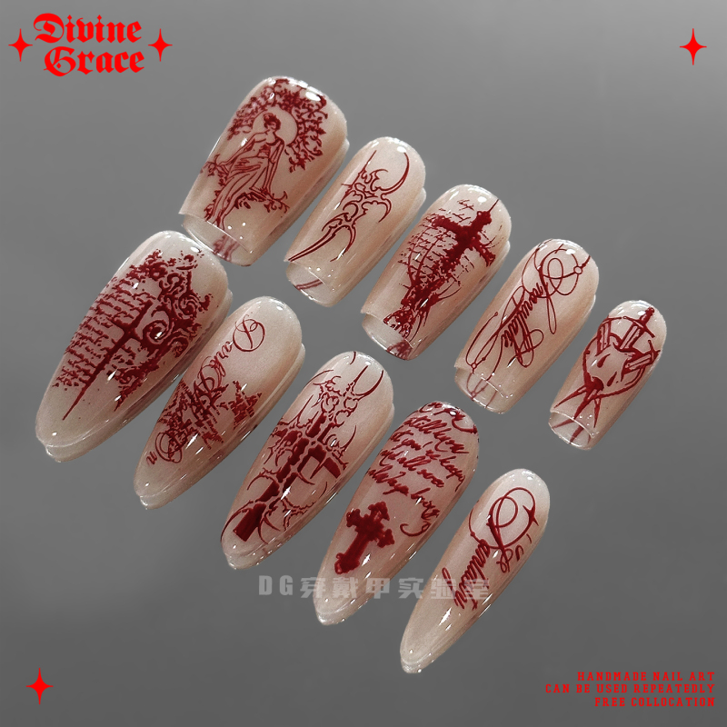 【Hot Girl Nail Art】Tattoo Transfer Style Red Nude Color Constructed Nail Art/Original High-Quality Handmade Wearable Nails