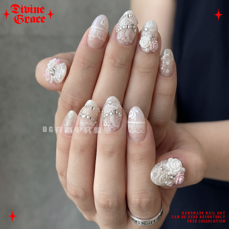 [Old-Fashioned Nail Art] Wedding White Lace Floral Summer Whitening Nail Art High-End Handmade Stunning Wearable Nails