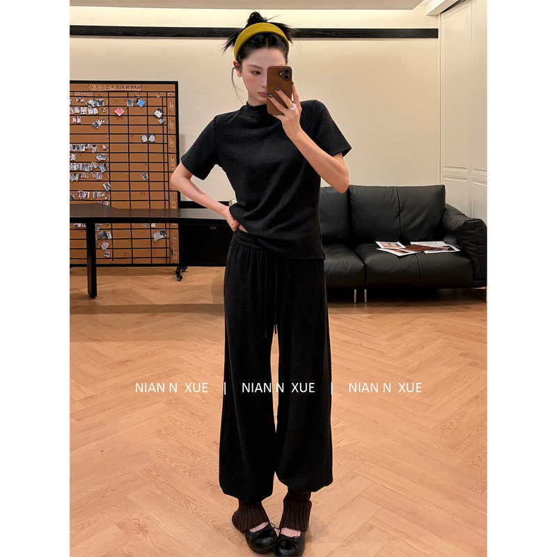 Nian N Xue Lulu Suit Soft and Cozy Velvet Dark Gray Short-Sleeved Casual Pants Three-Piece Fashion Suit for Women
