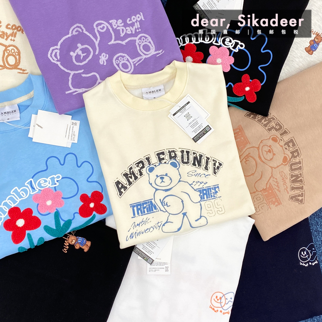 South Korean ambler cute bear embroidery round neckline thick cotton T women macaron color 21 autumn winter plus suede with anti-fake