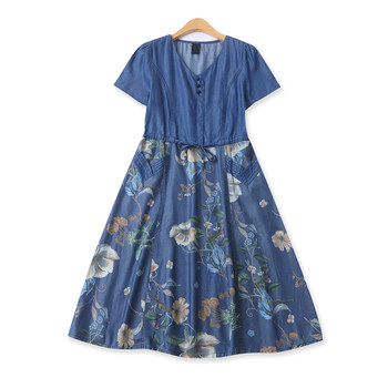 Tencel print patchwork dress summer new women's fashion slim v-neck pullover short-sleeved mid-length skirt 34329