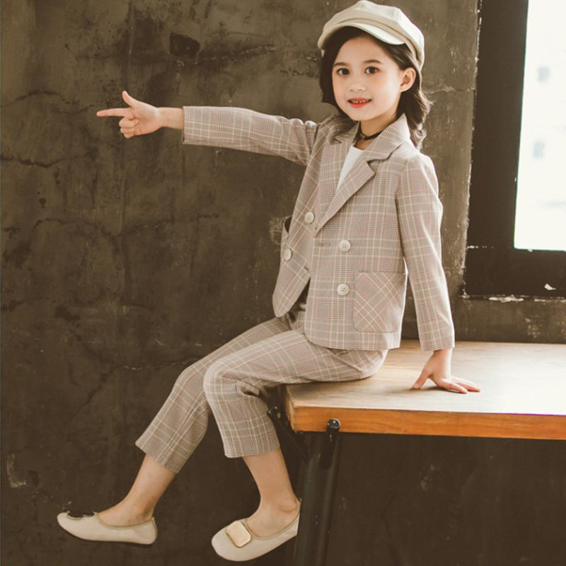 Children's suit 2021 new little girl Korean version of foreign style plaid pleated skirt girls spring and autumn culottes suit suit