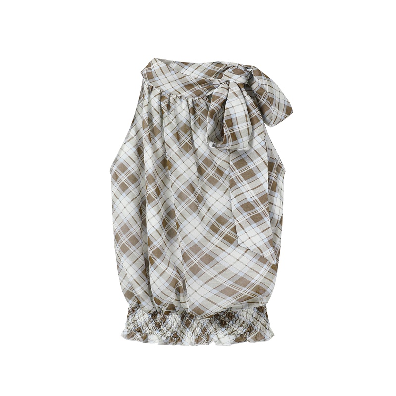 Calm Pause Chiffon Ribbon Vest High-Neck Sleeveless Halter Design Retro Plaid Camisole Short-Sleeve Summer Calm Pause Chiffon Ribbon Vest High-Neck Sleeveless Halter Design Retro Plaid Camisole Short-Sleeve Summer