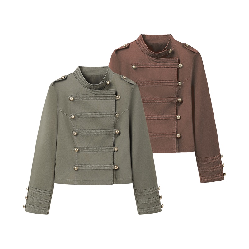Calm Pause Napoleon Jacket, Washed Metal Double-Breasted Stand Collar, Fitted Shoulder, Court-Style Short Coat