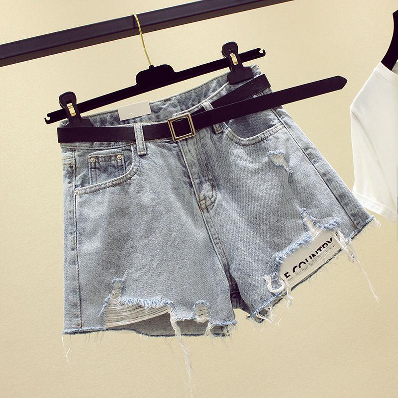 Gửi đai lỗ vỡ denim quần short nữ cao xia eo Hàn Quốc phiên bản lỏng mỏng bất thường lớn mã rộng chân 2019 mới