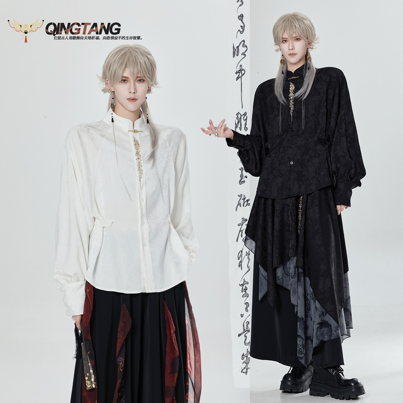 Qingtang Original - Xuan Nuo Town Disaster - Chinese Style Black and White Embroidery Pattern Shirt, Versatile Simple Shirt, Unisex