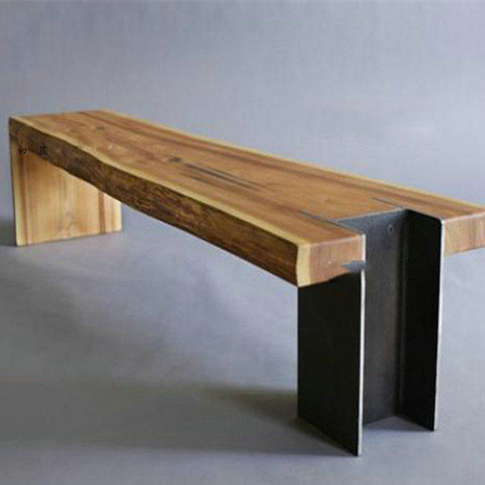 Nordic style wrought iron solid wood bench creative whole board special-shaped retro rest shoe stool log bed end stool modern