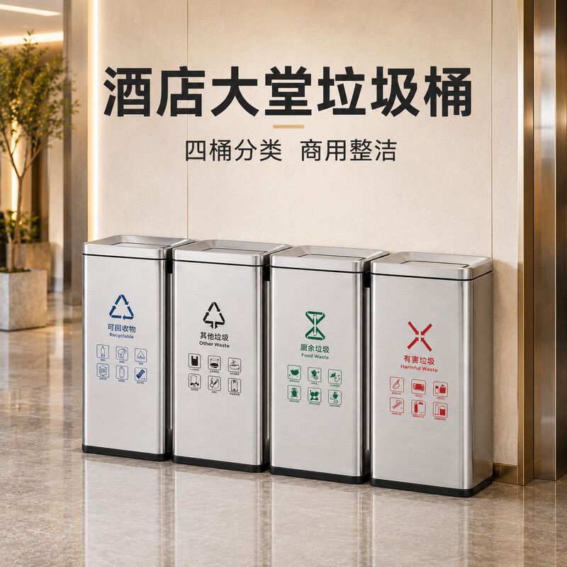 Stainless Steel Commercial Trash Bins for Dry and Wet Waste, Large Sorting Bins for Fruit Peels, Suitable for Malls, Corridors, and Elevator Entrances Stainless Steel Commercial Trash Bins for Dry and Wet Waste, Large Sorting Bins for Fruit Peels, Suitable for Malls, Corridors, and Elevator Entrances