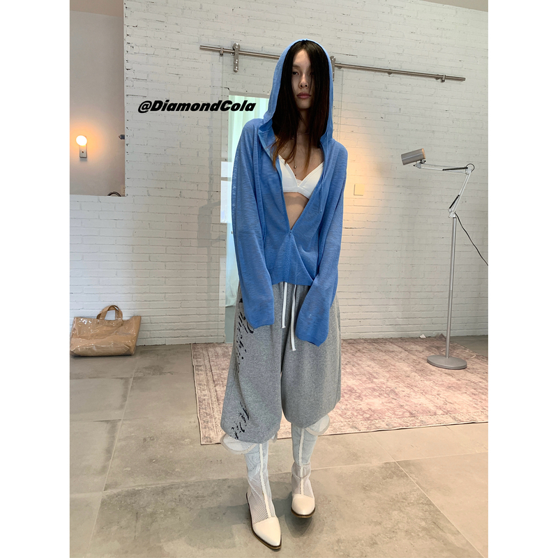 Diamondcola Lazy Blue Light Gauze-Like Hooded Zippered Knitted Cardigan Versatile Sun Protection Loose Jacket