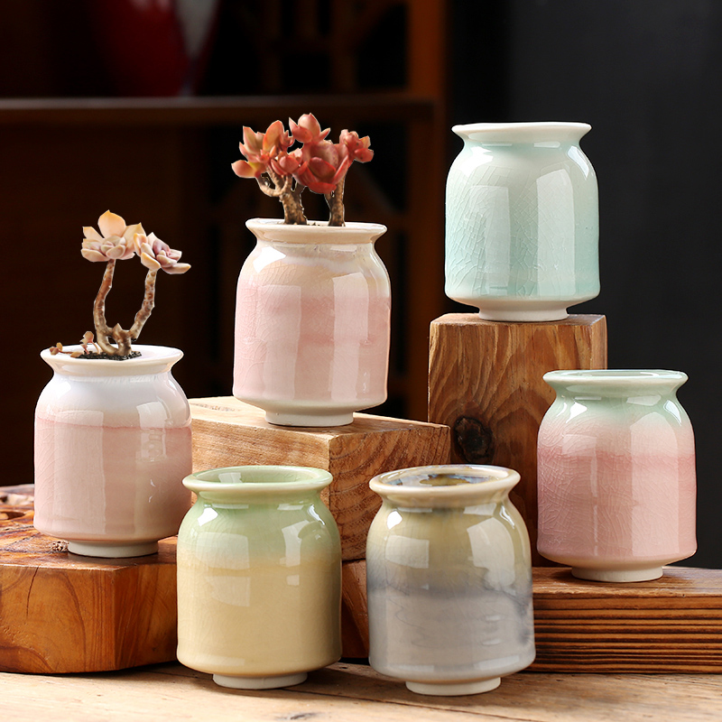 Flow Glazed Milk Jars Ice Crack Old Pile Breathable Creative Personality Cute ceramic Multi-meat flower pot Desktop Decorative Home-Taobao