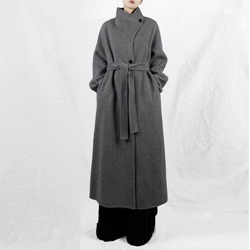 Jieyu High-Neck Tie Double-Sided Wool Long Coat