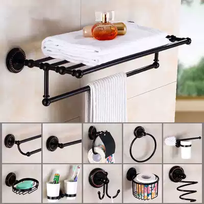 Perforated black all copper towel rack set Retro folding bath towel rack Bathroom shelf Hardware bathroom pendant hook