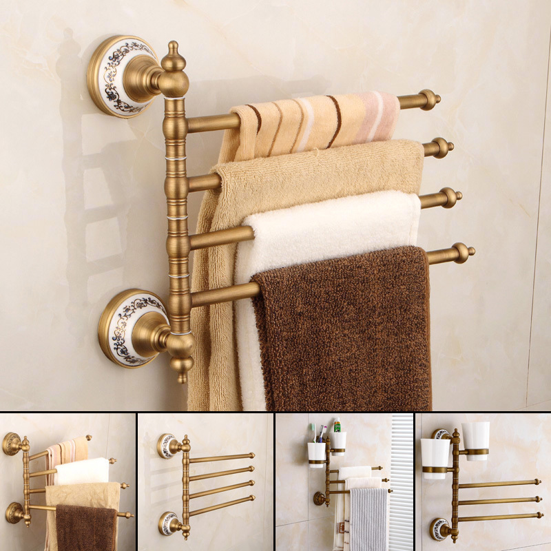 Eurostyle Thickened Antique Towel Rack Full Copper Bath Towel Rack Swivel Activity Little Space Towel Rod with gargle cup holder