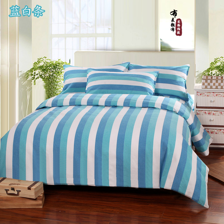 Đặc biệt cung cấp cũ vải thô bốn mảnh bộ mục vụ đơn giản sọc sheets quilt cover lưới dày rắn bộ đồ giường màu cotton