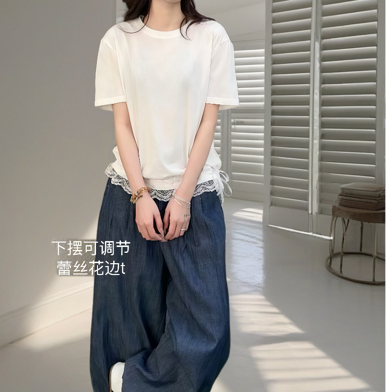 Zuotu｜Lace-Trimmed Hem with Adjustable Drawstring Round Neck Short-Sleeved T-Shirt for Women 2025 Summer New Style Top