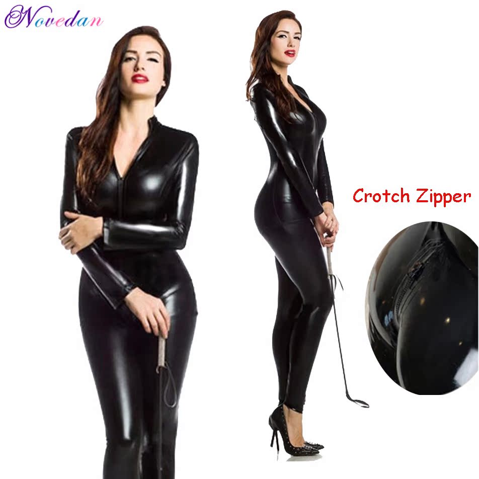 New Sexy Wetlook PVC Latex Bodysuit For Women Double Zipper