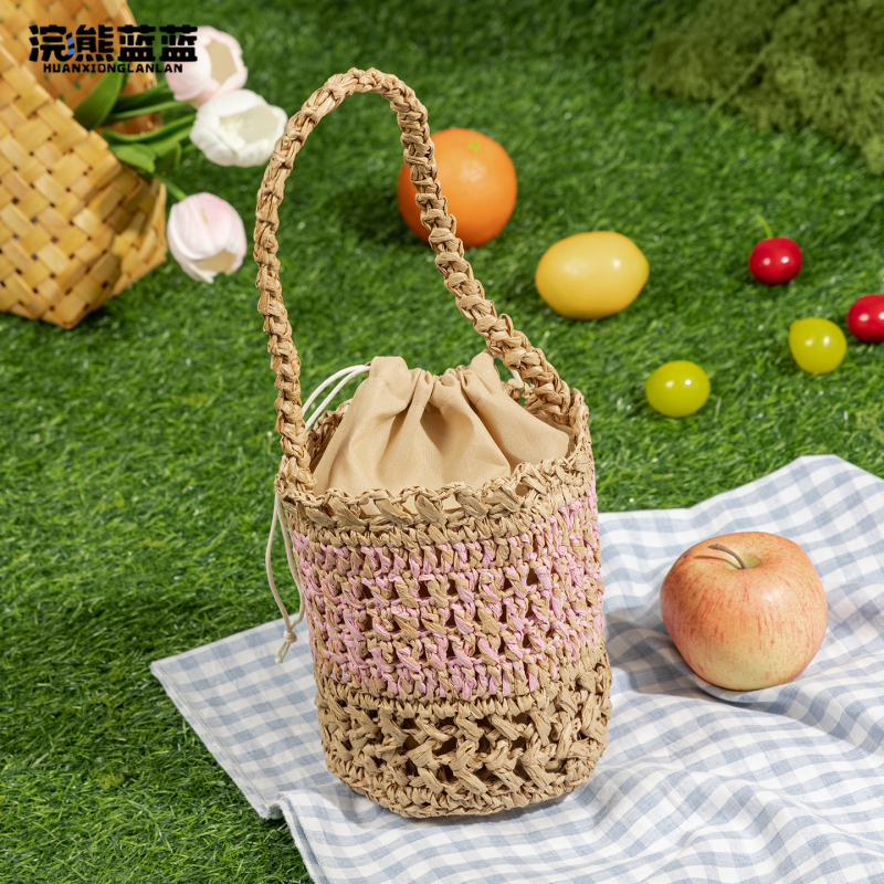Raccoon Blue French-Style Straw Bucket Bag for Women 2026 New Summer Niche Vacation Style Woven Bag Handbag Shoulder Bag