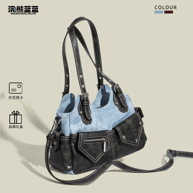 Синяя оригинальная нишевая мотоциклетная сумка подмышками из енота, женская новинка 2025 года, весенне-летний подарок, сумка-мессенджер для пригородных поездок, уличная сумка-мессенджер