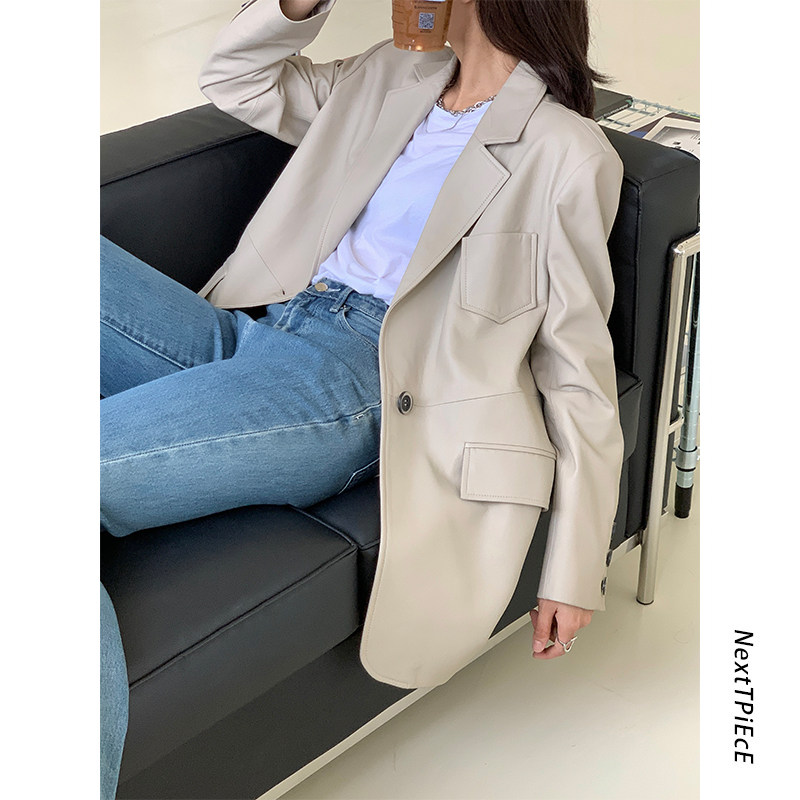 2021 New imported sheep leather leather leather jacket jacket female loose suit Western suit single grain buckle Henin