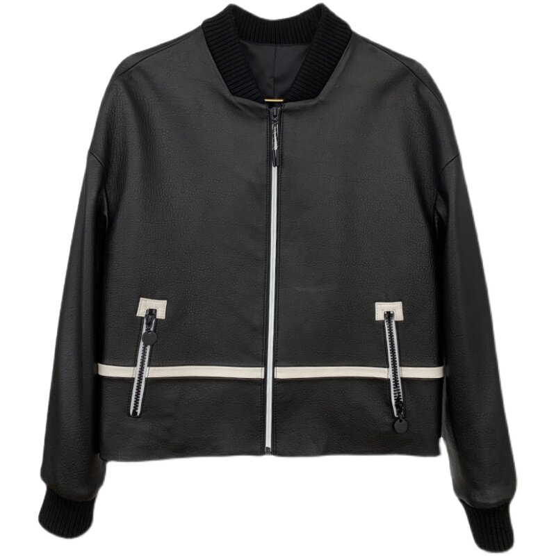 New Imported Leather Coat Jacket Woman Short Leather Jacket Locomotive Sheep Leather Genuine Leather Splicing Autumn Winter Black Casual Cool