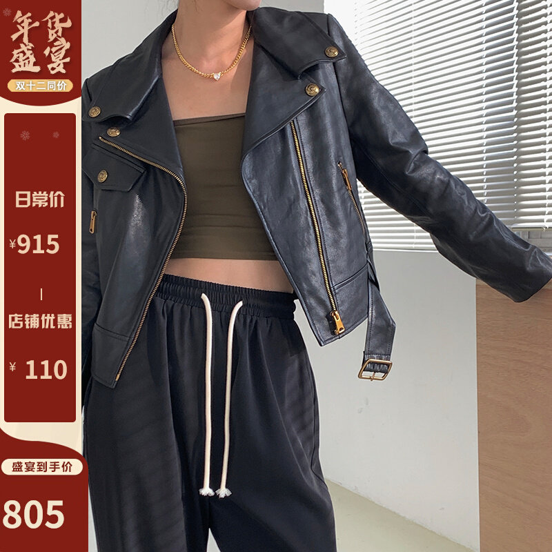 Leather clothing 2021 new women's coat black short imported sheep leather motorcycle vintage jacket slim wash