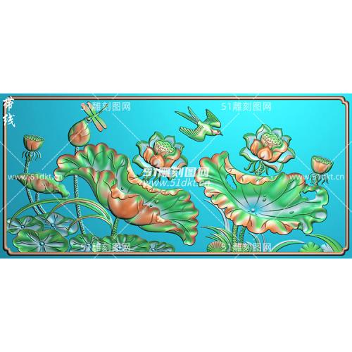 HH-408 Flower, bird, dragonfly, lotus, horizontal screen, flat wood carving, fine carving, relief, JDP, grayscale, BMP