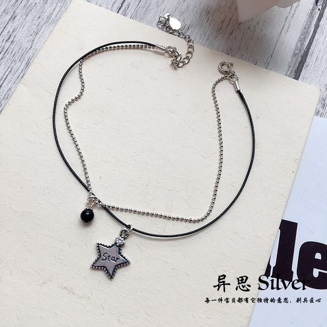 ເກົາຫລີໃຕ້ Dongdaemun S925 sterling silver double-layer black rope five-point star small round bead anklet versatile retro niche silver jewelry