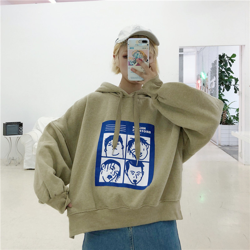 Hàn Quốc ulzzang Harajuku bf gió mùa thu và mùa đông Phiên bản Hàn Quốc của áo len nữ trùm đầu lỏng lẻo cộng với áo khoác nhung siêu dày áo kiểu nữ cao cấp