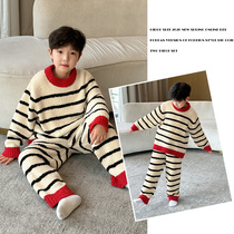 Childrens autumn fashion pajamas 2024 new autumn and winter large childrens comfortable home clothes for men and women warm two-piece set