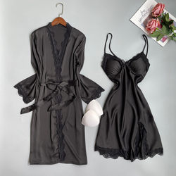 Pajamas Spring and Summer Sexy Deep V Suspender Nightgown Lace Padded Nightgown Simulated Silk Two-piece Suit Home Clothing for Women