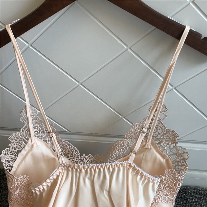 Băng lụa đồ ngủ phụ nữ mùa hè sling sexy nightdress với ngực pad thu thập đồ ngủ đồ ngủ lụa thêu ren cám dỗ