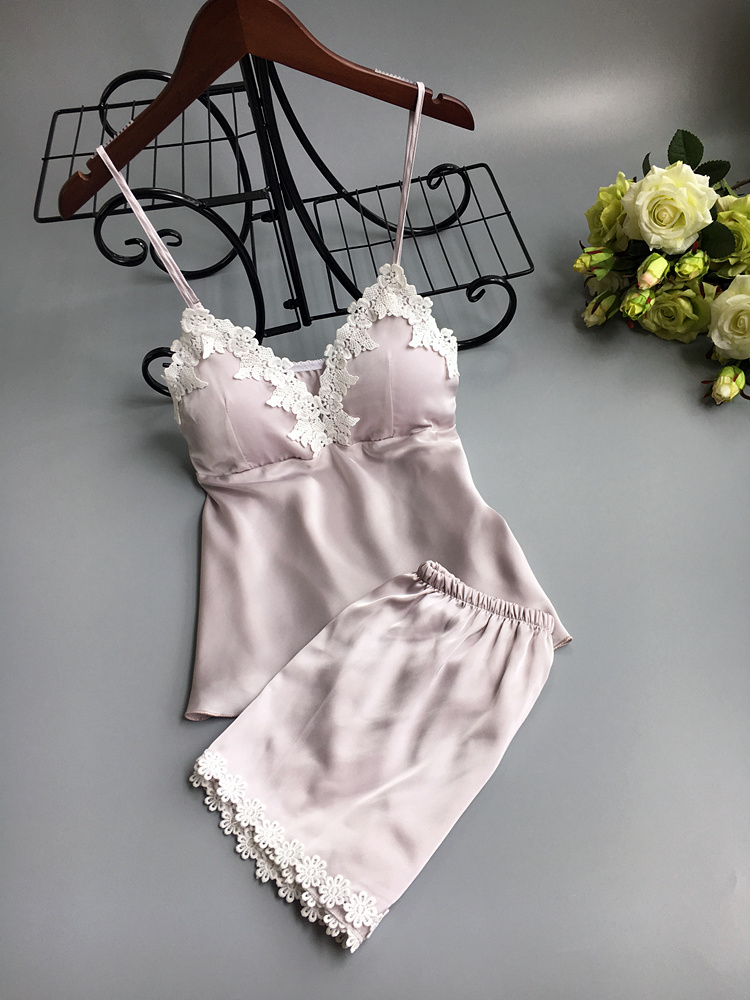 Đồ ngủ của phụ nữ mùa hè Sexy Halter đồ ngủ hai mảnh Set với ngực pad băng lụa mỏng đồ ngủ lụa bộ