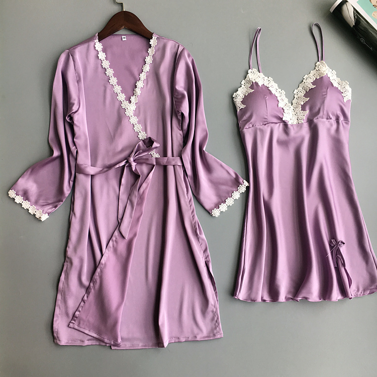 Với ngực pad tập hợp sexy đồ ngủ nữ mùa hè lụa dây đai nightdress hai bộ băng lụa áo ngủ nhà dịch vụ phù hợp với