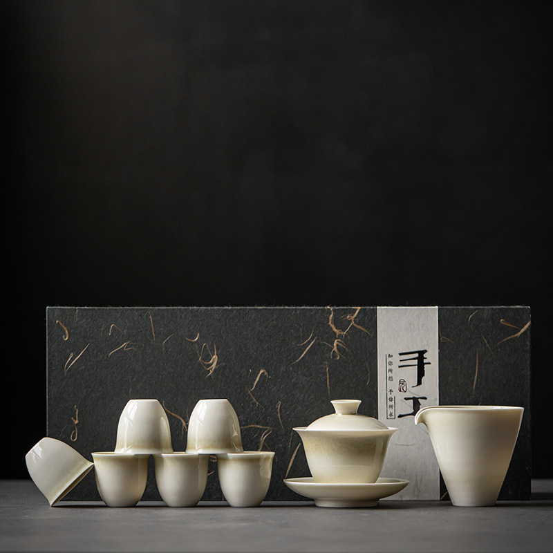 Grass Ash Glaze Complete Tea Set, Light Luxury High-End Kung Fu Tea Set, Handmade Ceramic Gaiwan Gift Box Set for Home Use Grass Ash Glaze Complete Tea Set, Light Luxury High-End Kung Fu Tea Set, Handmade Ceramic Gaiwan Gift Box Set for Home Use