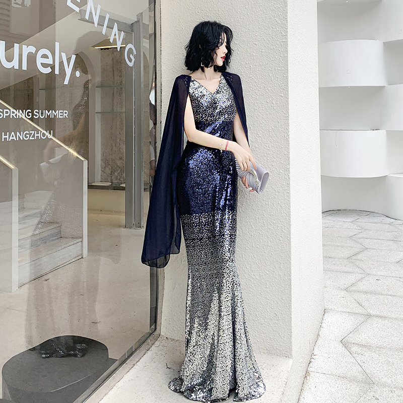 Evening Dress for Women, Powerful Aura for Banquets, Shawl with a High-End Feel, Light Luxury, Niche, High-End Hostess Fishtail Dress, Performance Costume