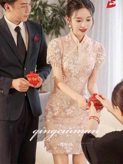 Новое платье-ципао 2025: роскошное, нишевое, высококлассное, изысканное, в новом китайском стиле, розовое, короткое, для помолвки, для женщин