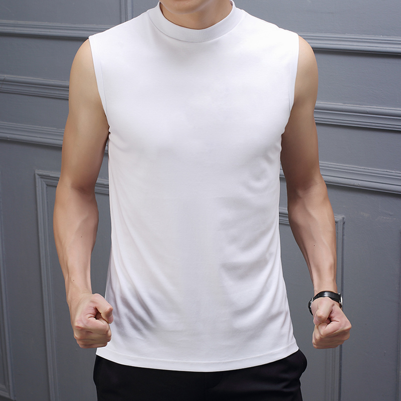 Summer Men's High-Neck Sleeveless Vest, Slim-Fit Pure Cotton T-Shirt, Double Mercerized Cotton Mid-Neck Undershirt, Vest Top